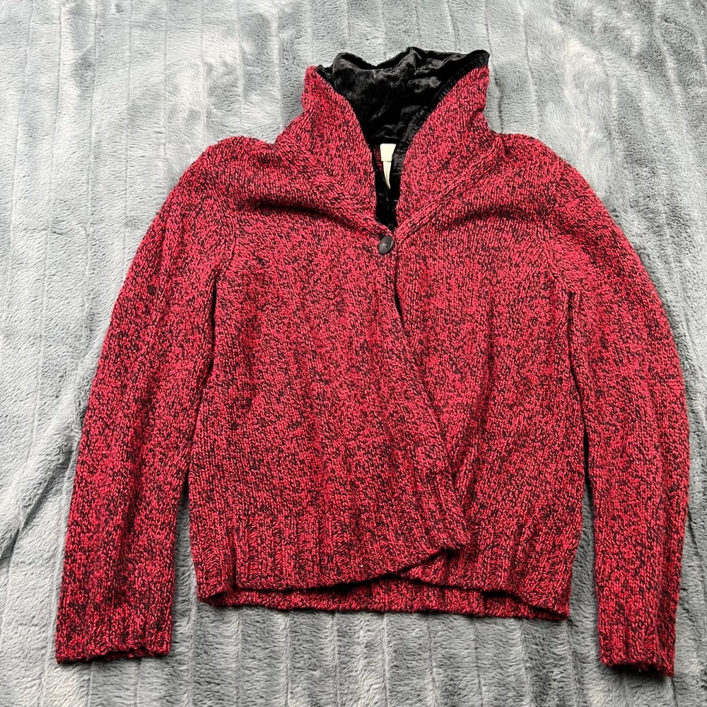 J. Jill Red Black Marled Silk Cotton Blend Velvet Lined Shawl Collar Sweater M